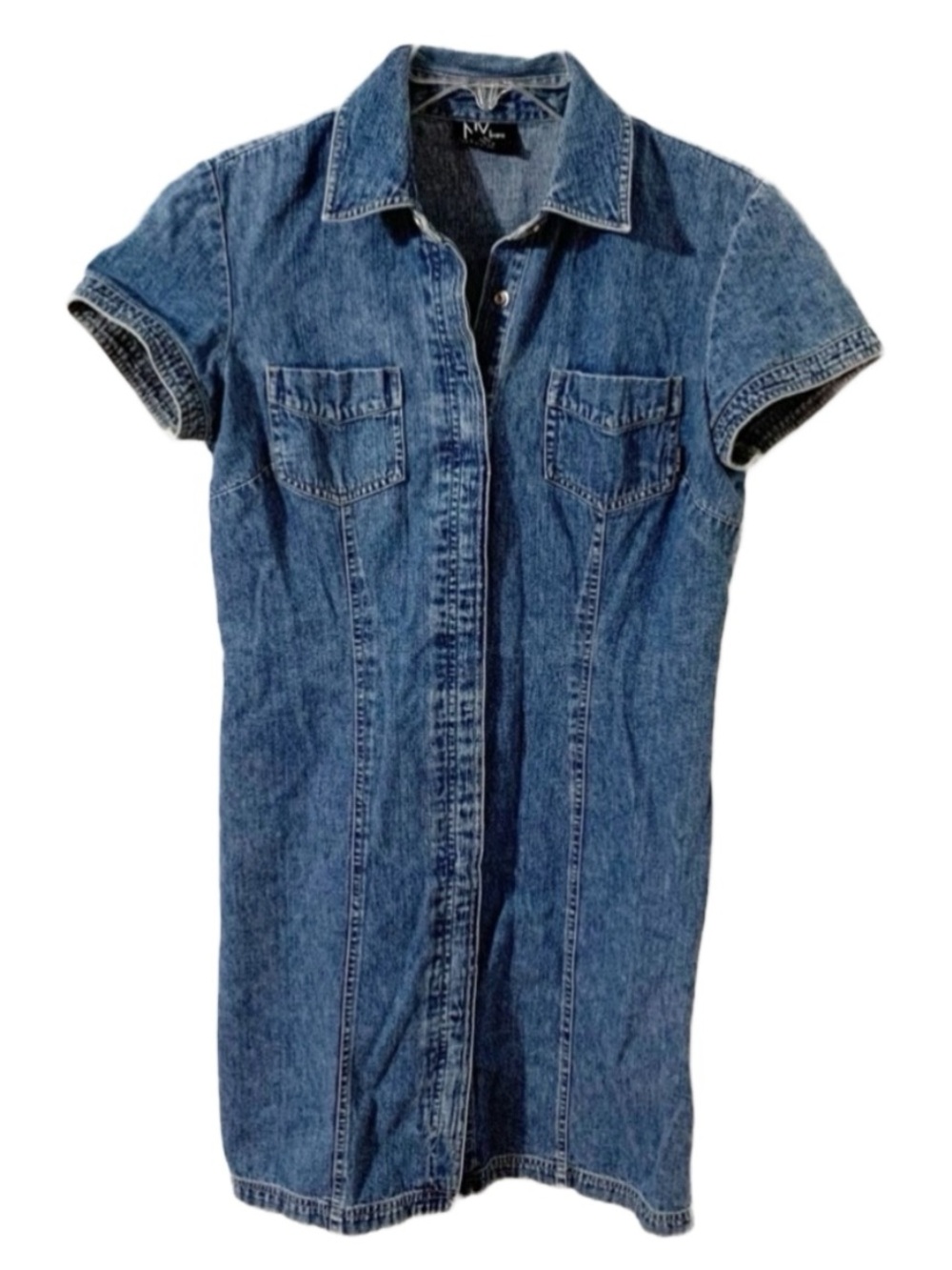 New York and Company Short Sleeve Snap Front Pointed Collar Denim Jean Dress